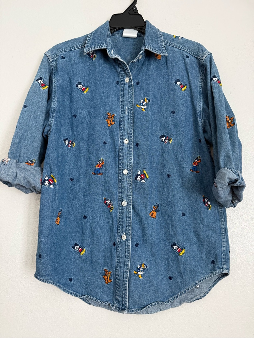 Vintage Disney Store Mickey Minnie Denim Shirt Womens Small Embroidered Chambray